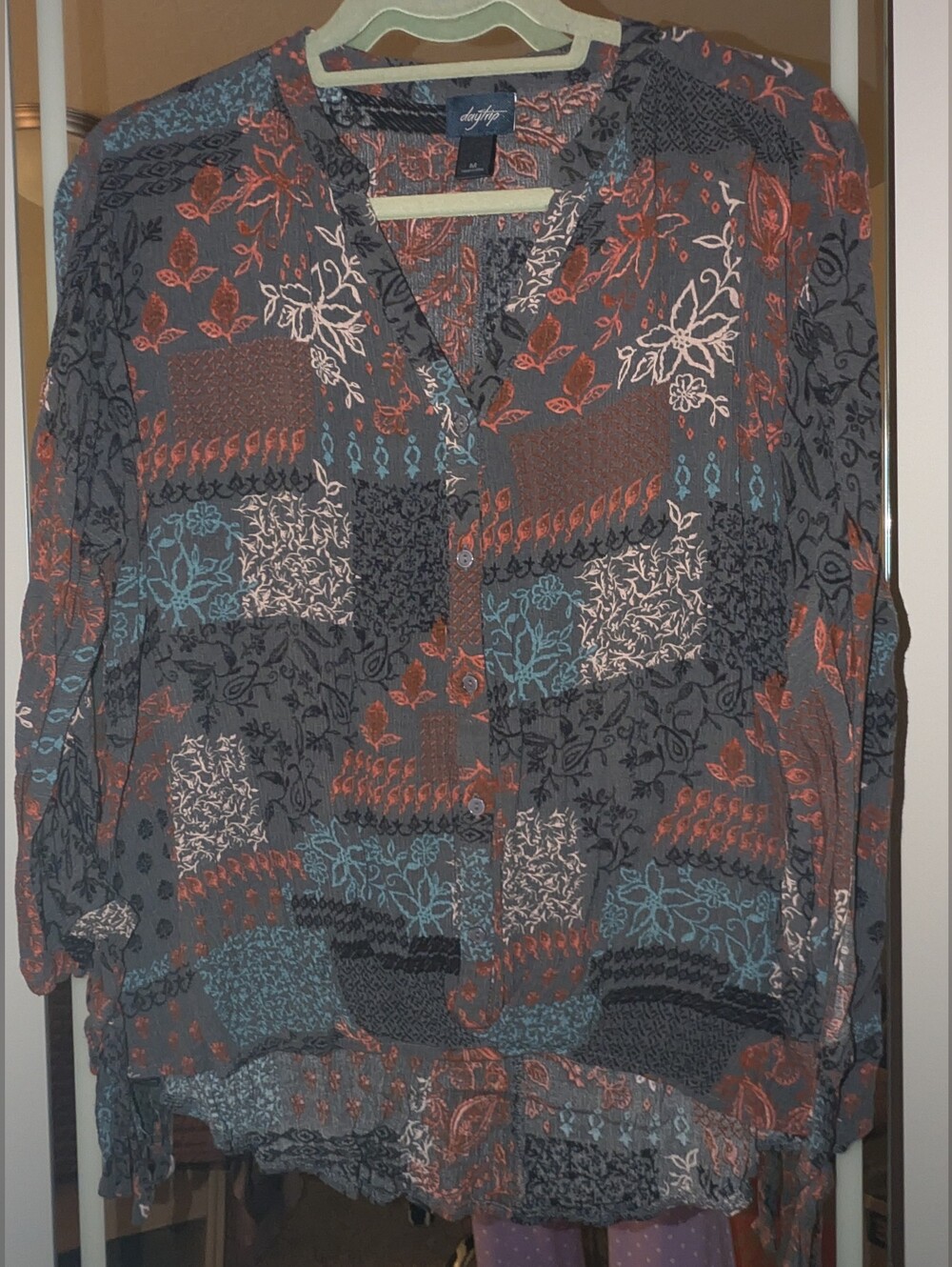 Daytrip Charcoal Button-Down Patchwork Shirt with Rust and Teal Accents